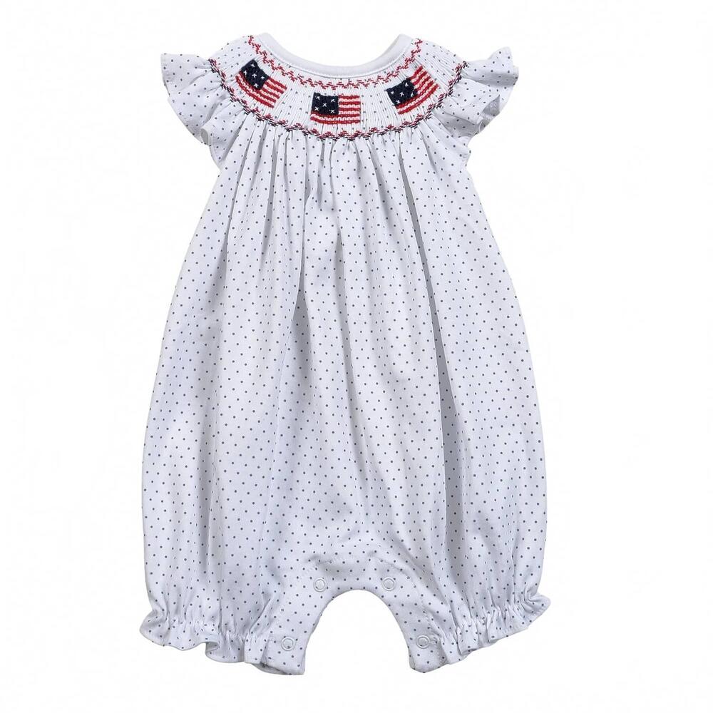 NEW BABY LOREN girl's americana hand smocked pima romper in white